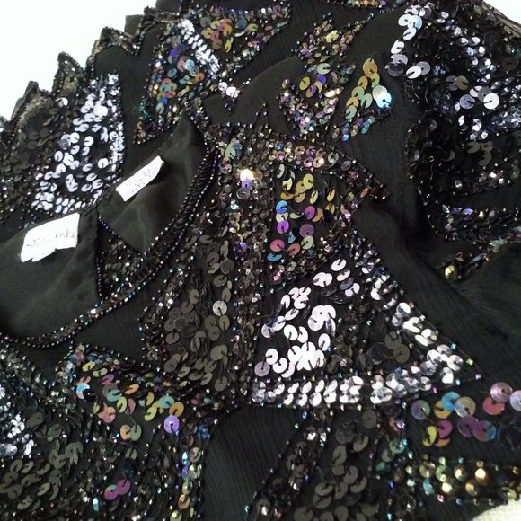 Vintage 80s Silk Sequin Beaded Crew-T Top Lady-M Keyhole SSL Bling Glam Metallic - Picture 9 of 10
